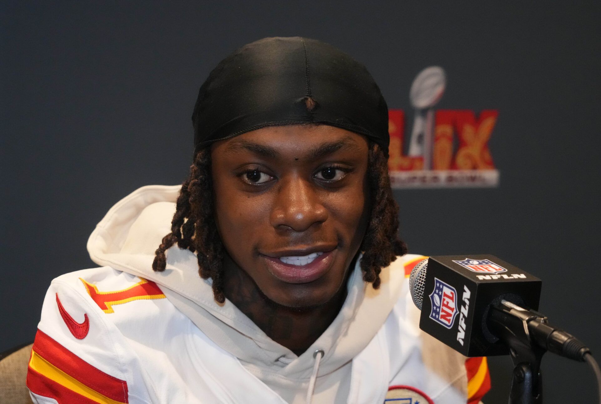 Kansas City Chiefs wide receiver Xavier Worthy (1) in a press conference ahead of Super Bowl LIX at New Orleans Marriott.