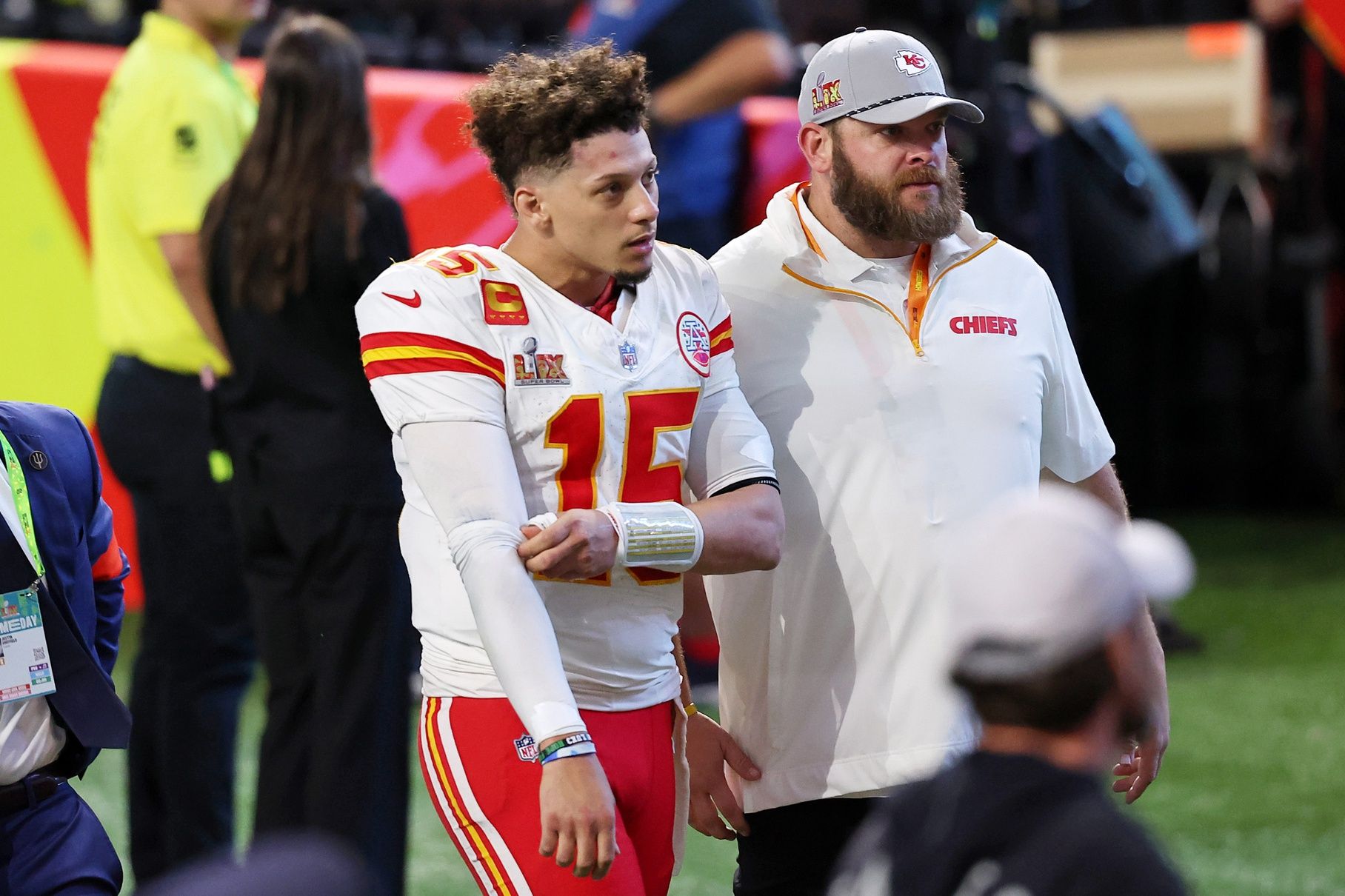 Kansas City Chiefs quarterback Patrick Mahomes (15) walks off the field after losing against the Philadelphia Eagles in Super Bowl LIX at Caesars Superdome.