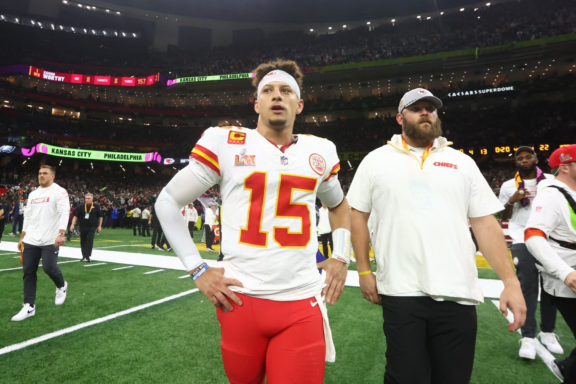 Kansas City Chiefs quarterback Patrick Mahomes (15) reacts after losing to the Philadelphia Eagles in Super Bowl LIX at Ceasars Superdome.