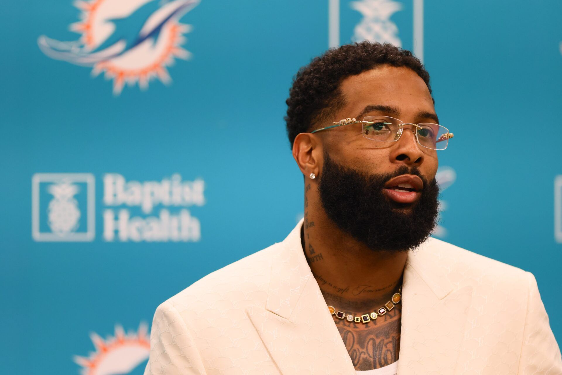 Miami Dolphins wide receiver Odell Beckham Jr. speaks to the media during an introductory press conference at Baptist Health Training Complex.