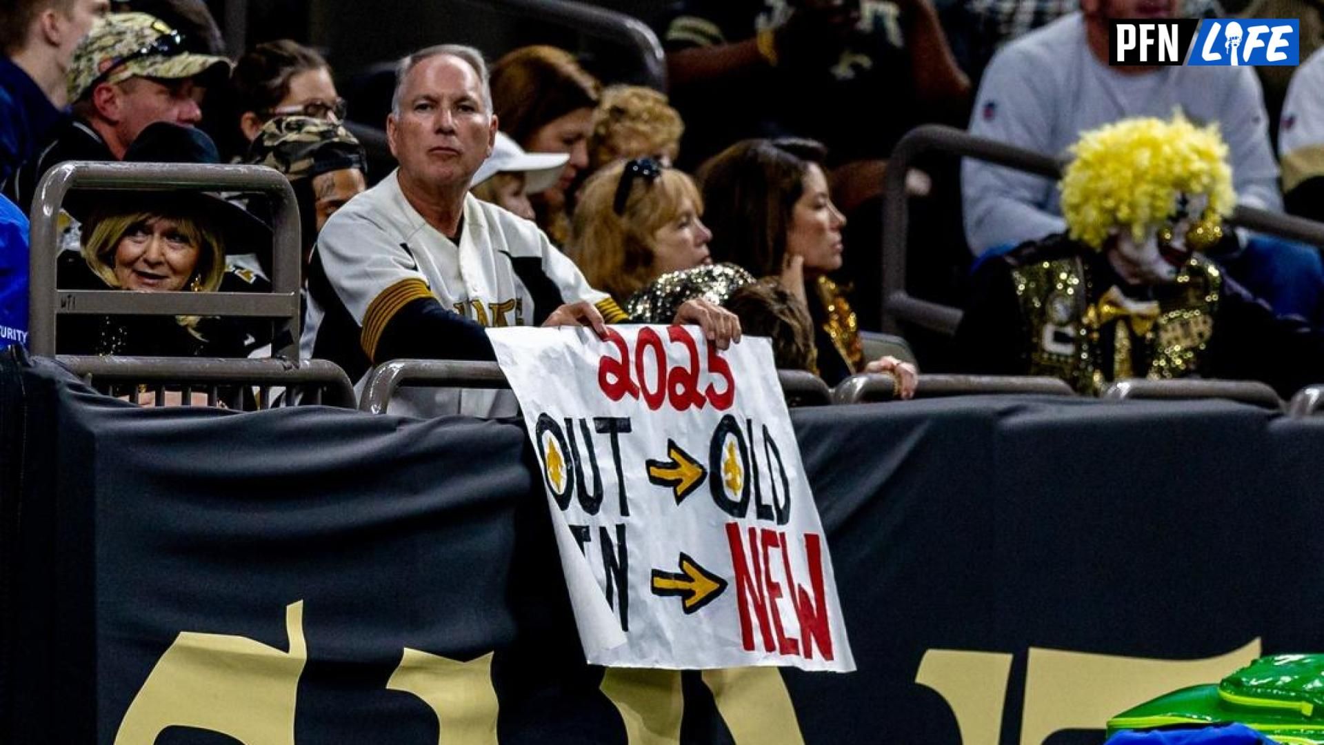 New Orleans Saints fan shows his feelings on a sign during the game against the Las Vegas Raiders during the second half at Caesars Superdome.