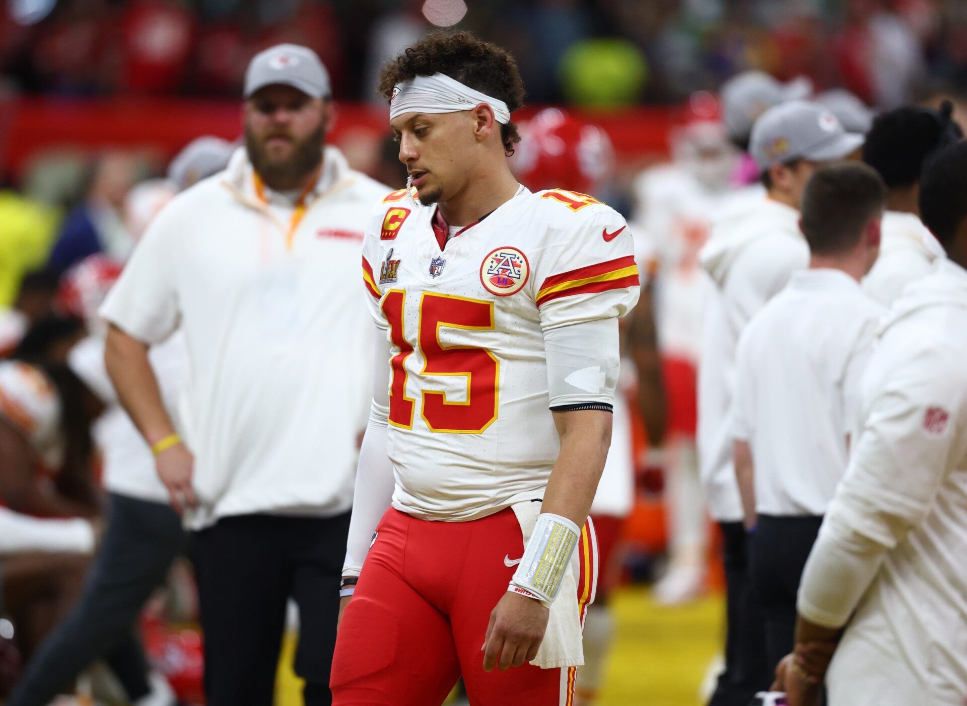 Kansas City Chiefs quarterback Patrick Mahomes (15) reacts in the fourth quarter against the Philadelphia Eagles in Super Bowl 59 at Caesars Superdome.