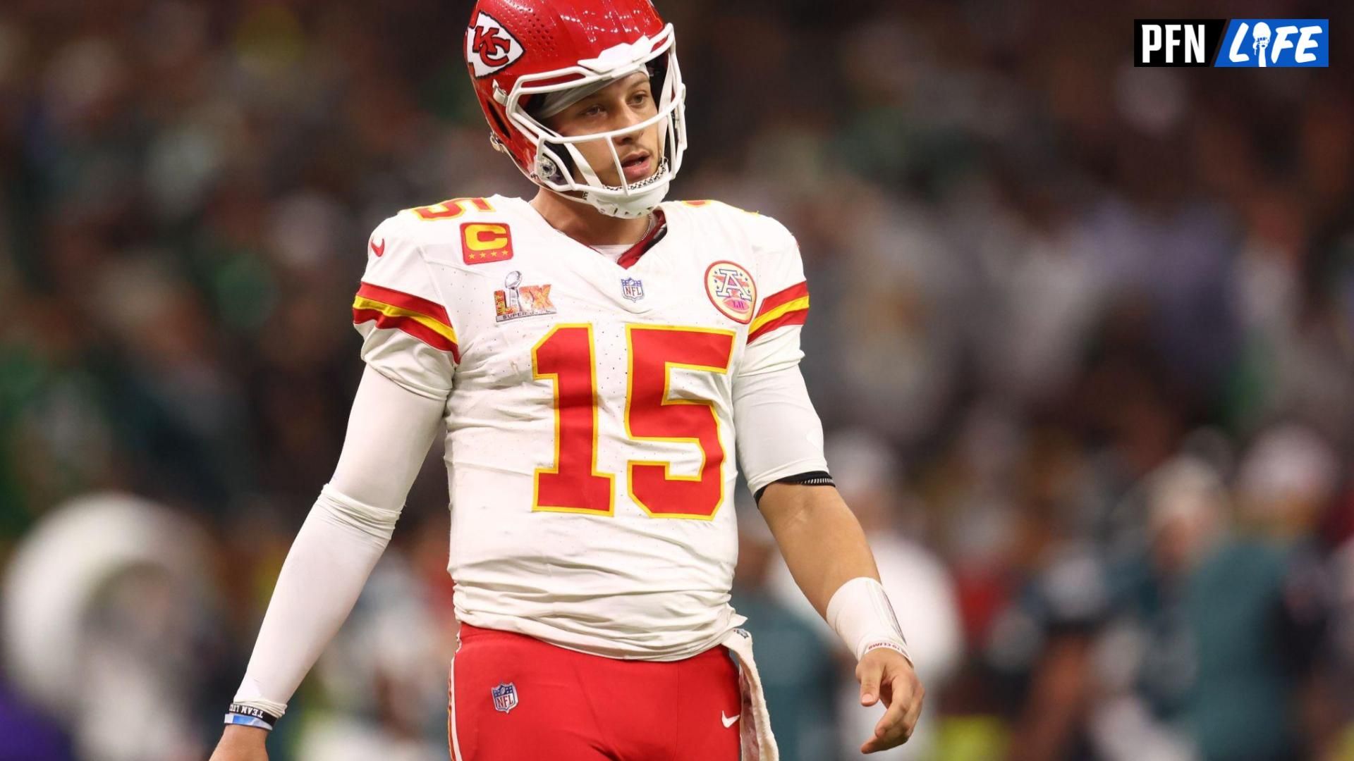 Kansas City Chiefs quarterback Patrick Mahomes (15) reacts in the fourth quarter against the Philadelphia Eagles in Super Bowl LIX at Ceasars Superdome.