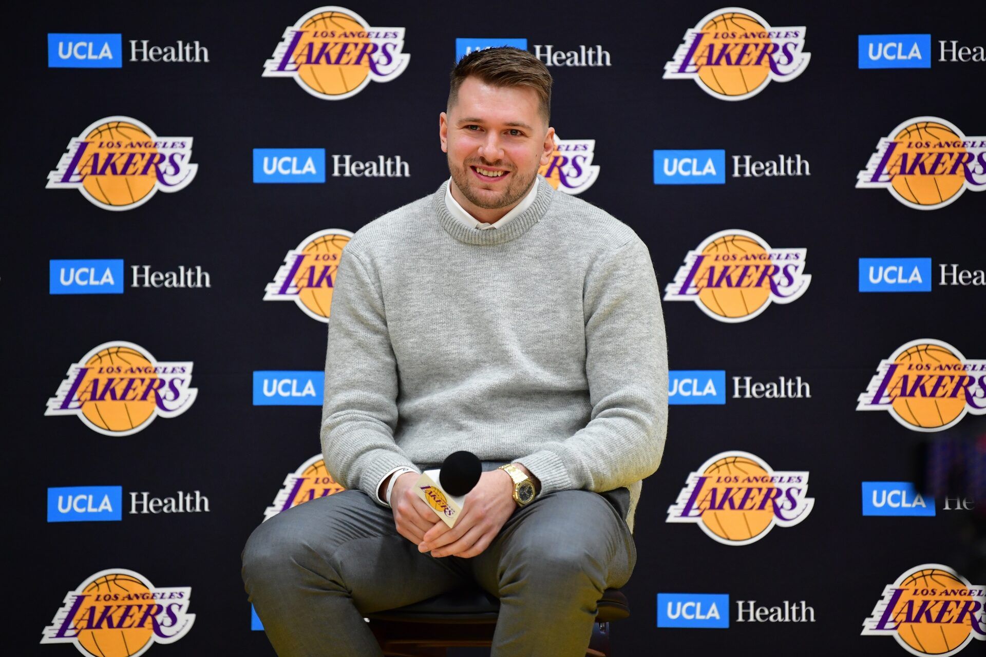 Los Angeles Lakers guard Luka Doncic is introduced at UCLA Health Training Center.