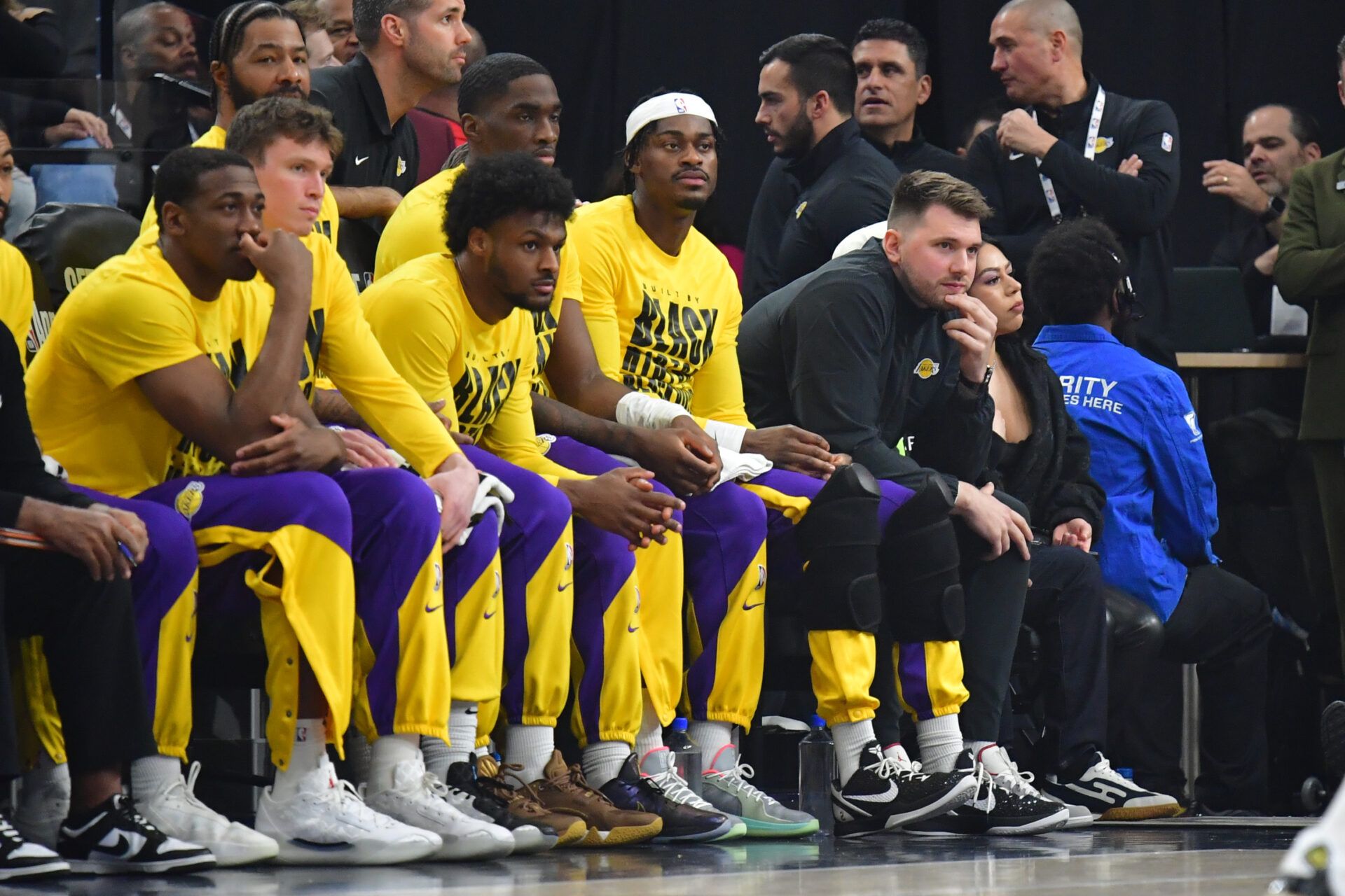 Feb 4, 2025; Inglewood, California, USA; against the Los Angeles Lakers guard Luka Doncic watches game action against the against the Los Angeles Clippers during the first half at Intuit Dome. Mandatory Credit: Gary A. Vasquez-Imagn Images