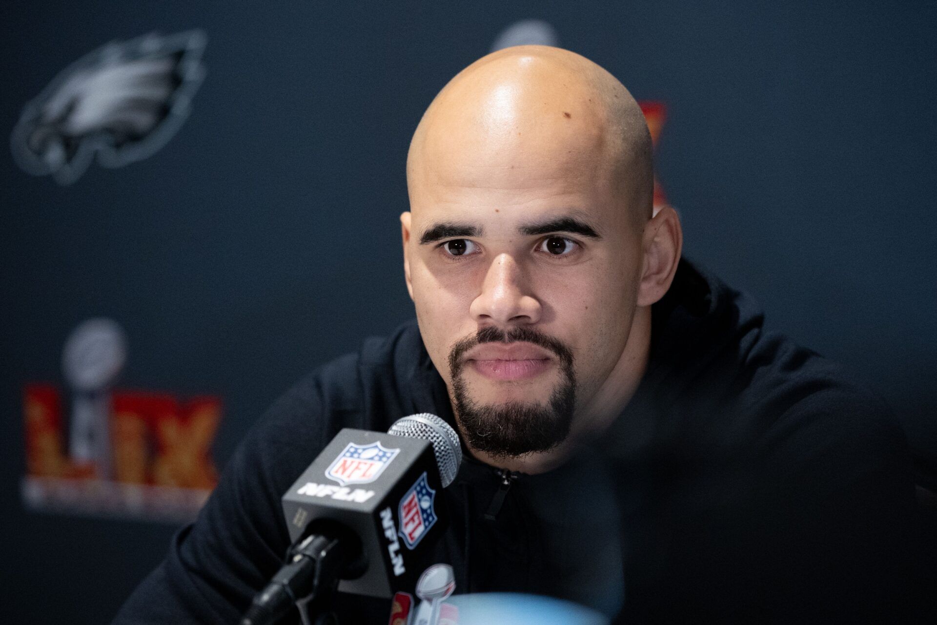 Philadelphia Eagles linebacker Zack Baun during a press conference at Hilton New Orleans Riverside.