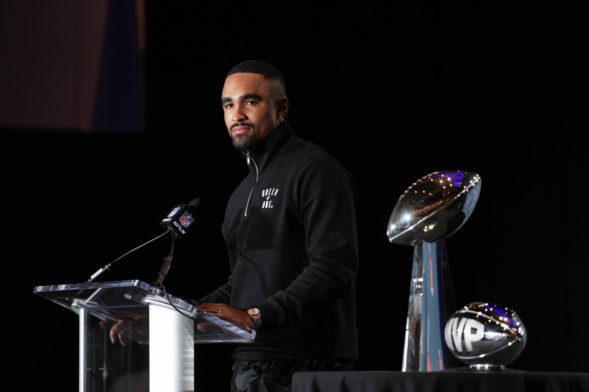 Philadelphia Eagles quarterback Jalen Hurts (1) speaks at the Super Bowl LIX Winning Head Coach and Most Valuable Player press conference at the Ernest N. Morial Convention Center.