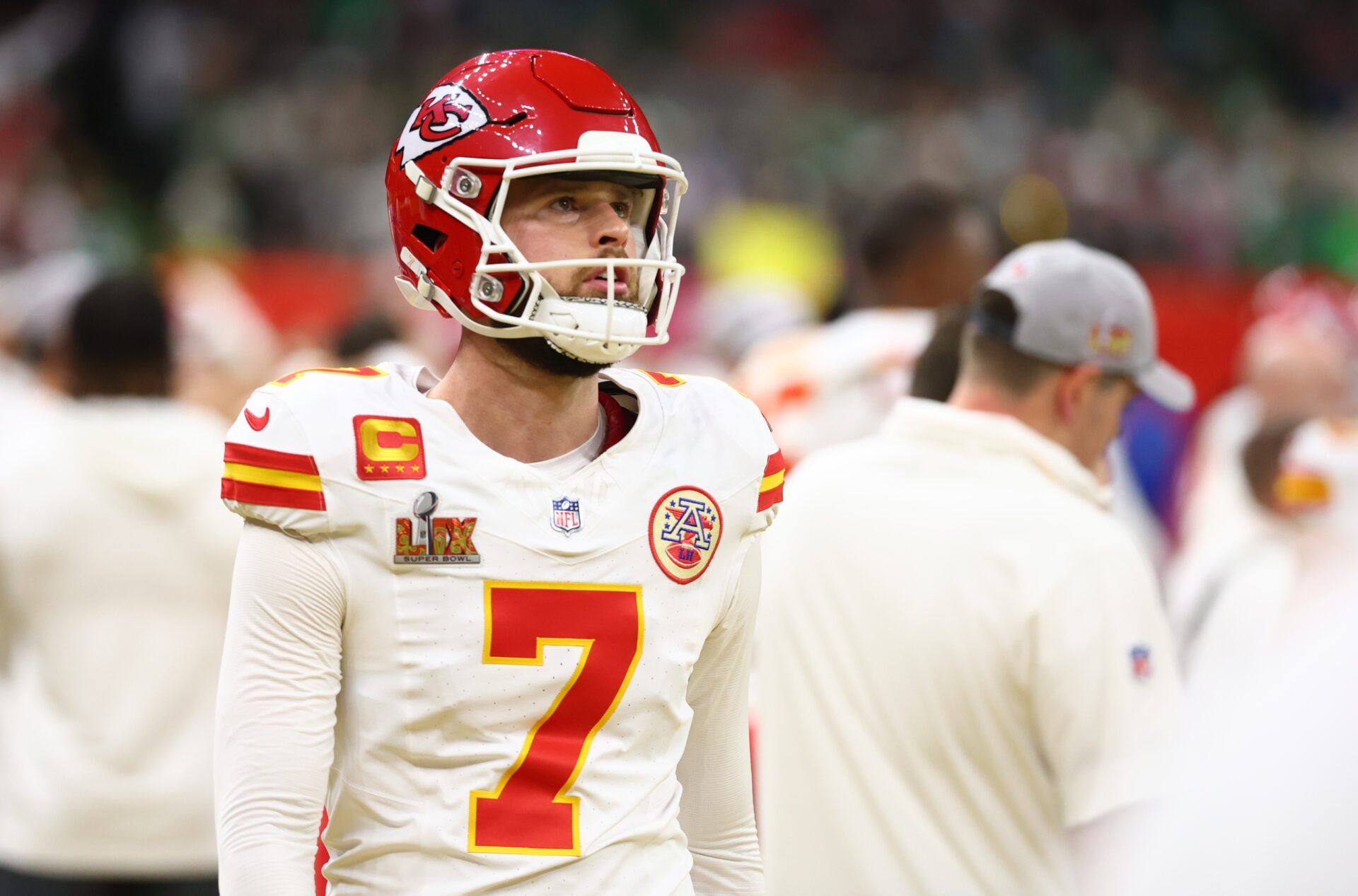 Kansas City Chiefs place kicker Harrison Butker (7) reacts from the sideline in the fourth quarter against the Philadelphia Eagles in Super Bowl LIX at Ceasars Superdome.