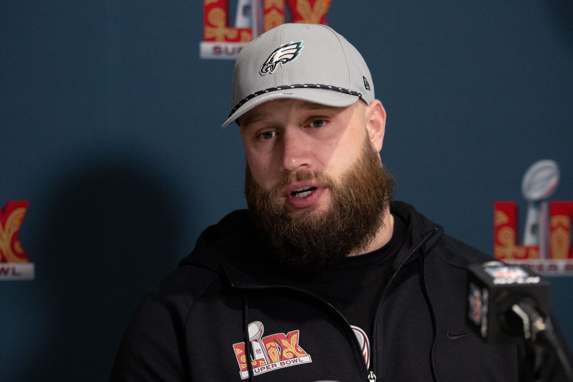 Philadelphia Eagles offensive tackle Lane Johnson speaks with the media during a press conference at Hilton New Orleans Riverside.