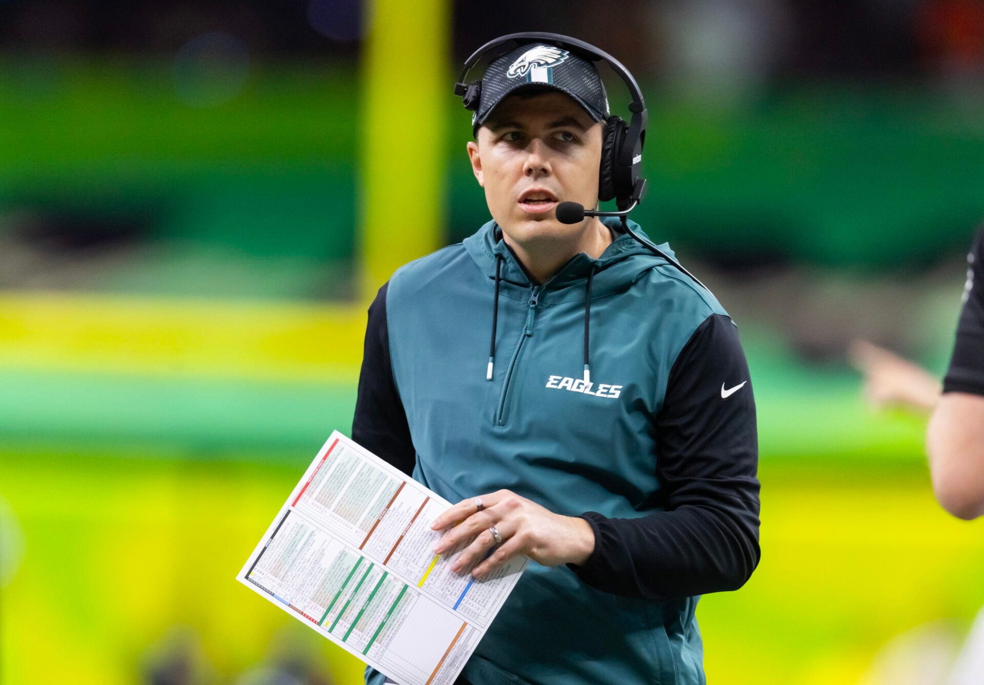 Feb 9, 2025; New Orleans, LA, USA; Philadelphia Eagles offensive coordinator Kellen Moore against the Kansas City Chiefs during Super Bowl LIX at Ceasars Superdome. Mandatory Credit: Mark J. Rebilas-Imagn Images