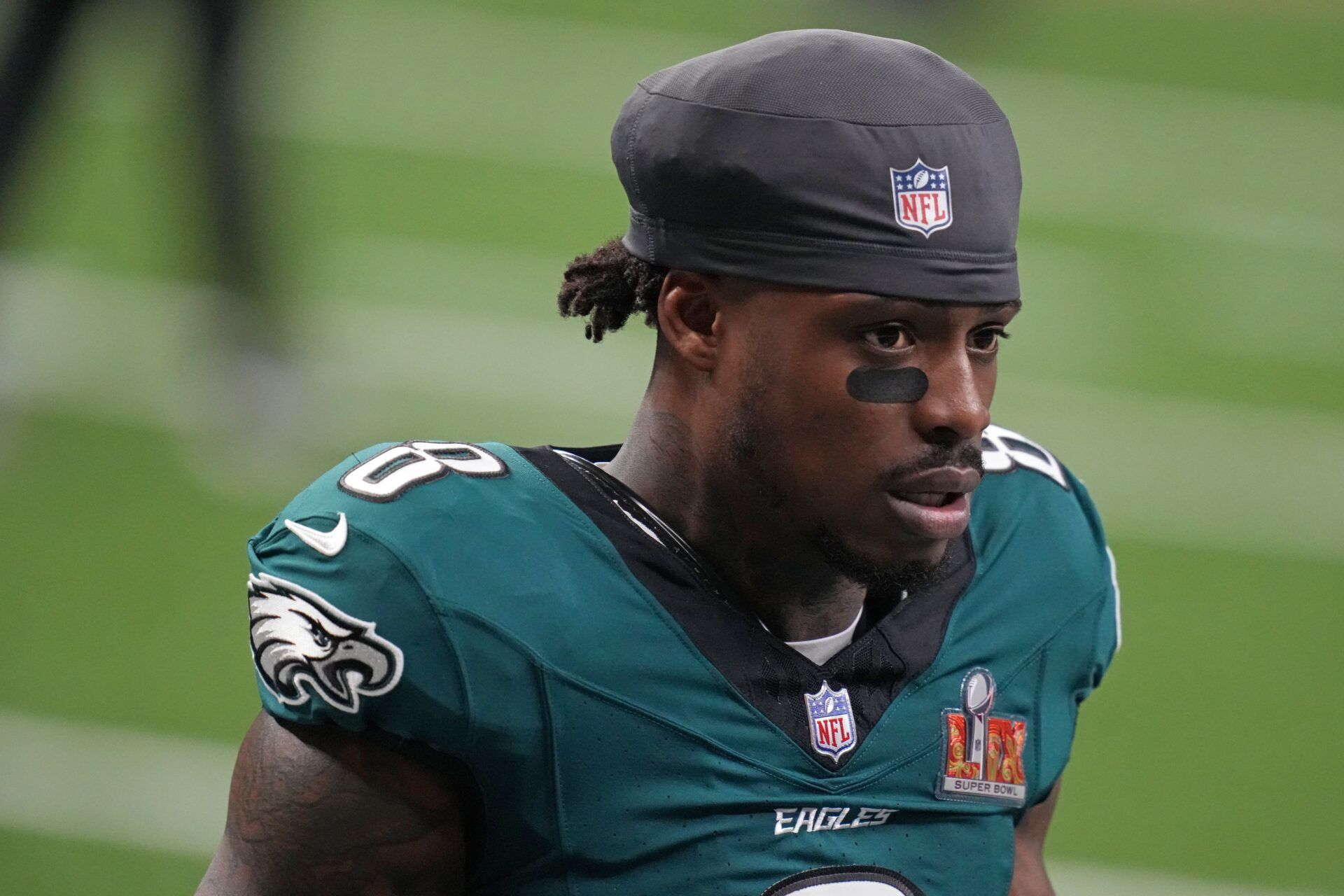 Philadelphia Eagles safety C.J. Gardner-Johnson (8) practices before Super Bowl LIX against the Kansas City Chiefs at Caesars Superdome.