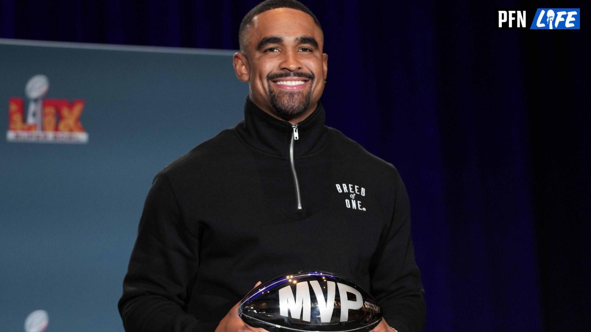 Philadelphia Eagles quarterback Jalen Hurts (1) poses at the Super Bowl LIX Winning Head Coach and Most Valuable Player press conference at the Ernest N. Morial Convention Center.