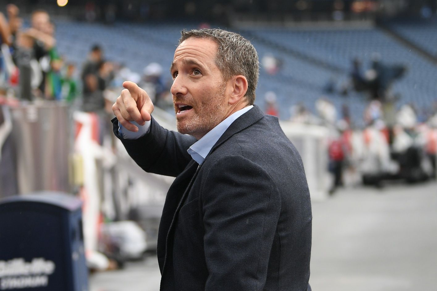 Philadelphia Eagles executive vice president and general manager Howie Roseman speaks to fans before a game between the New England Patriots and the Philadelphia Eagles at Gillette Stadium.