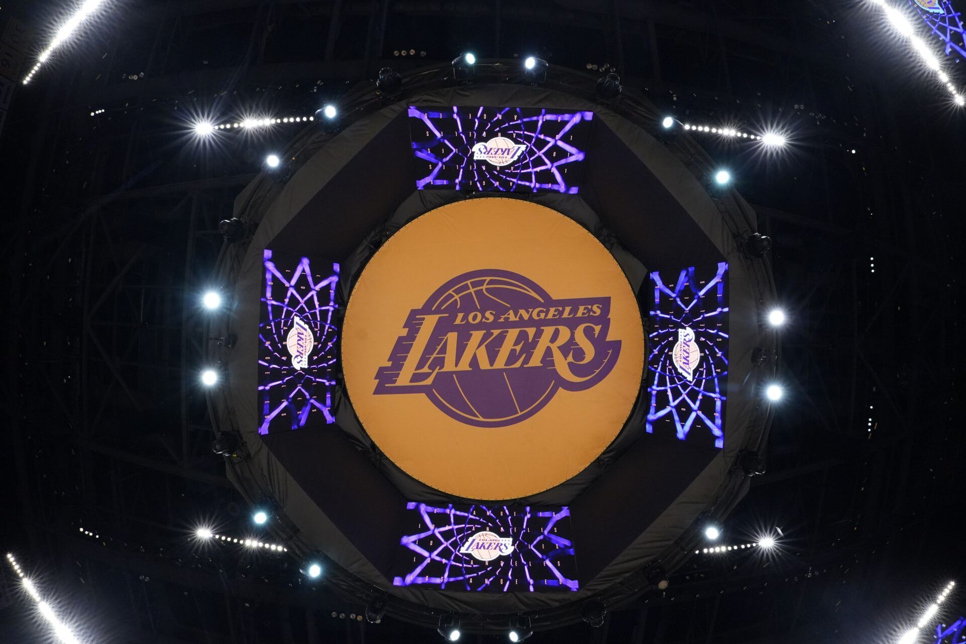 THe Los Angeles Lakers logo on the video board at Crypto.com Arena.