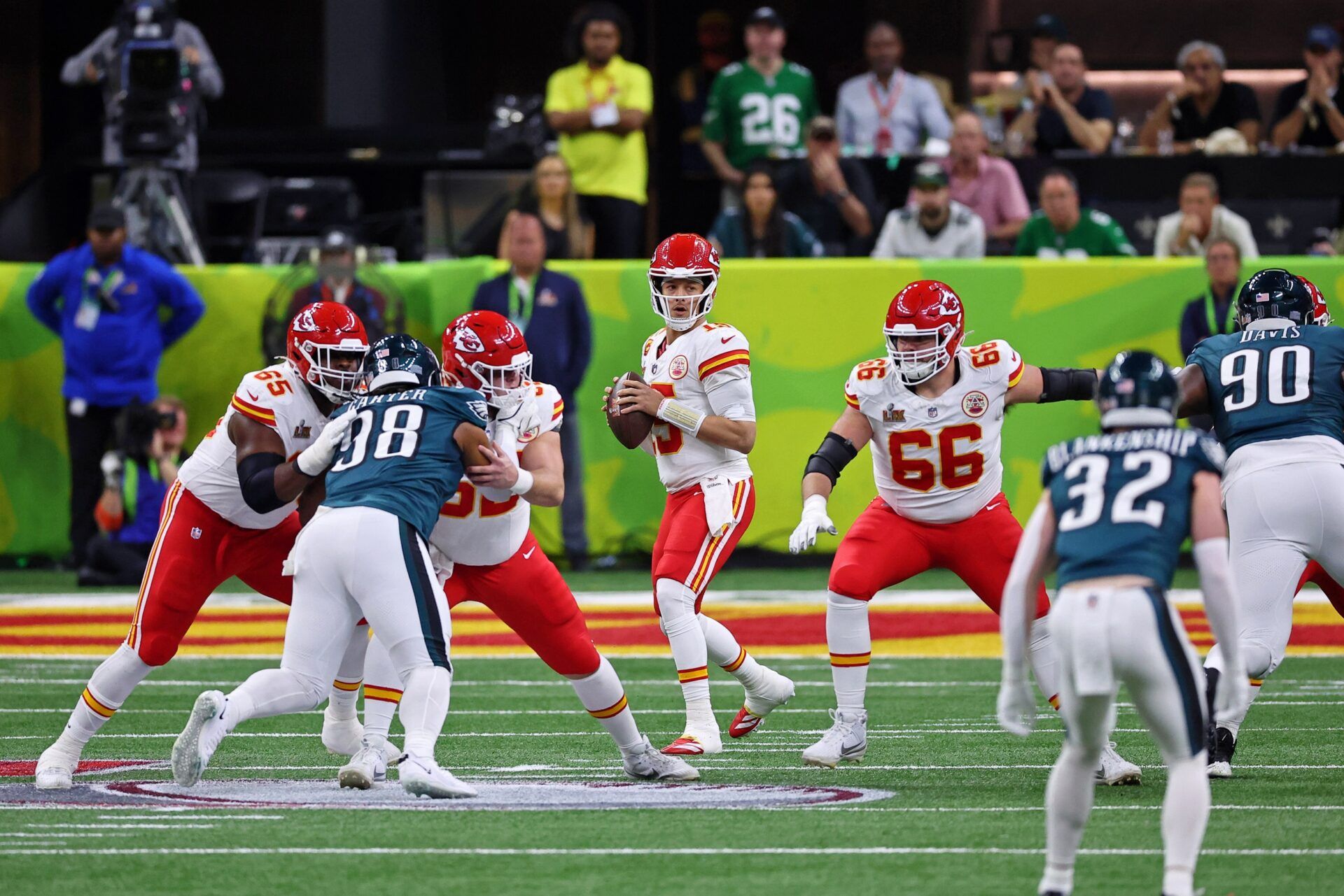 Kansas City Chiefs quarterback Patrick Mahomes (15) looks to pass the ball against the Philadelphia Eagles during the first half of Super Bowl LIX at Caesars Superdome.