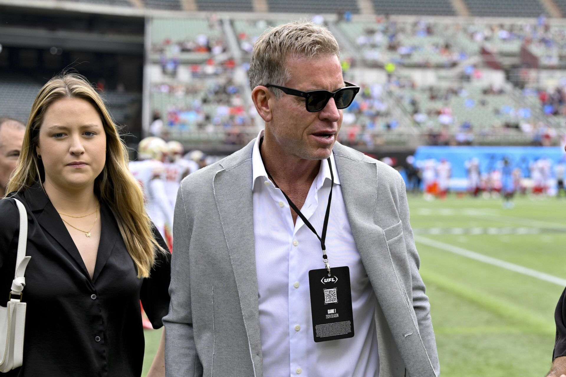 Former NFL player Troy Aikman walks on the field before the game between the Arlington Renegades and the Birmingham Stallions at Choctaw Stadium.