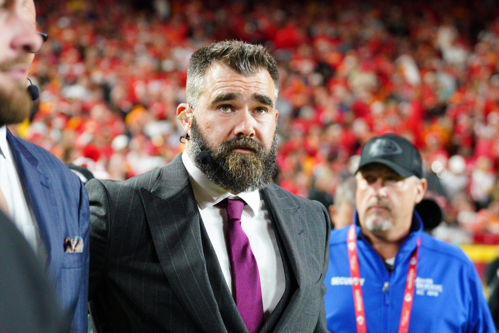 Former NFL player and ESPN commentator Jason Kelce on the sidelines during the game between the Kansas City Chiefs and Tampa Bay Buccaneers at GEHA Field at Arrowhead Stadium.