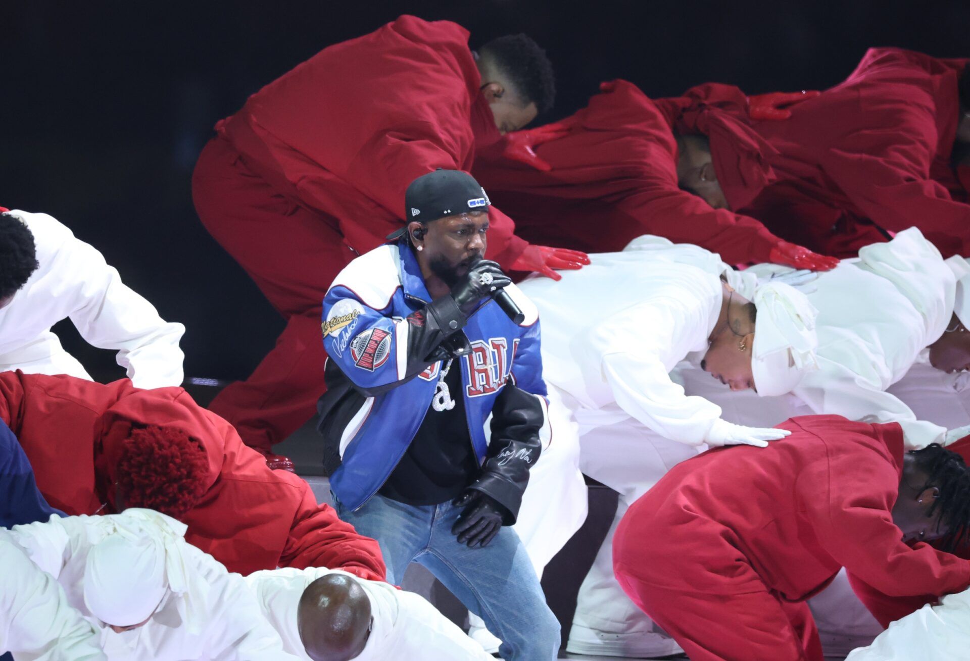 Recording artist Kendrick Lamar performs during the halftime show of Super Bowl LIX between the Philadelphia Eagles and the Kansas City Chiefs at Caesars Superdome.