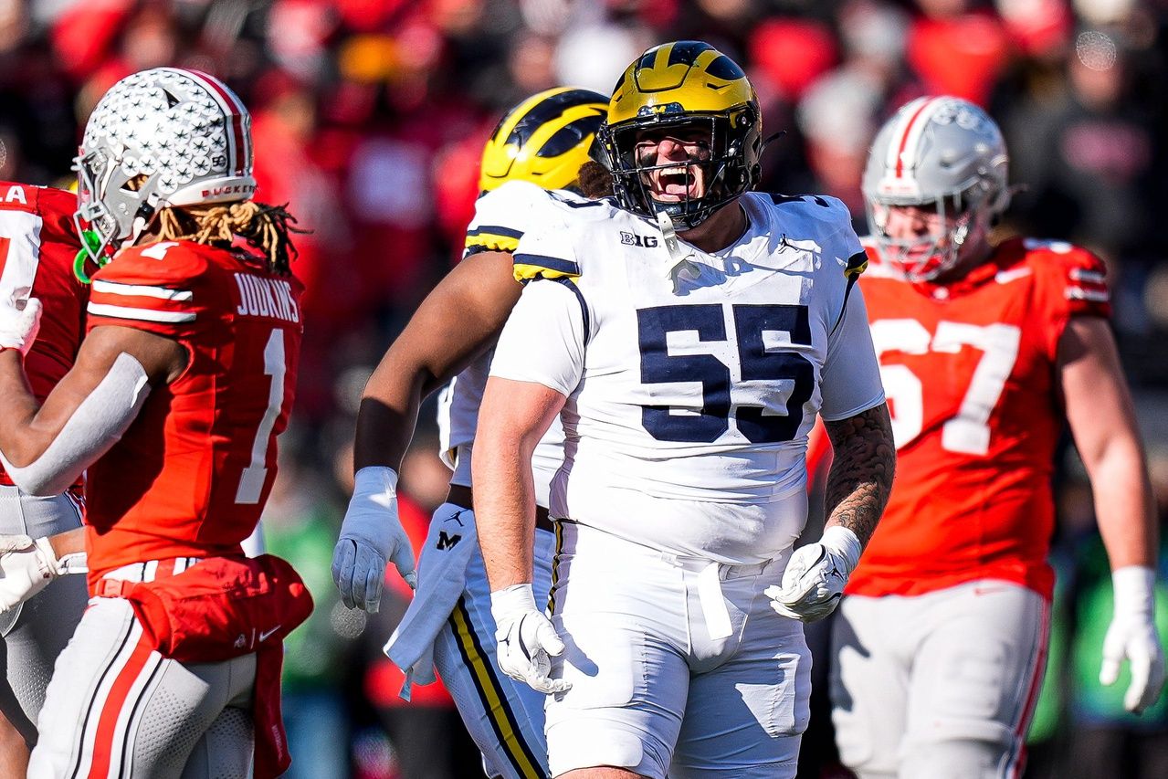 Michigan defensive lineman Mason Graham (55) celebrates a play against Ohio State during the second half at Ohio Stadium in Columbus, Ohio on Saturday, Nov. 30, 2024.