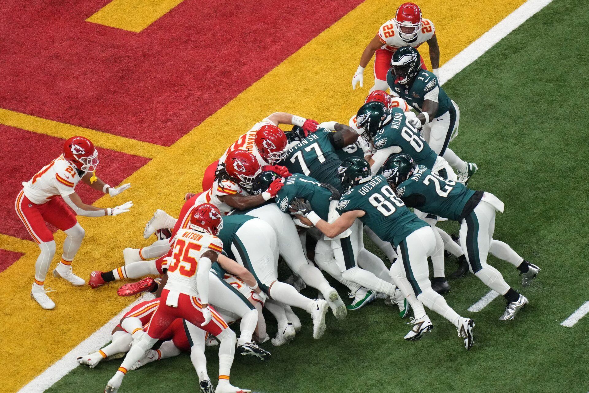 Philadelphia Eagles quarterback Jalen Hurts (1) rushes the ball for a touchdown against the Kansas City Chiefs during the first quarter in Super Bowl LIX at Caesars Superdome