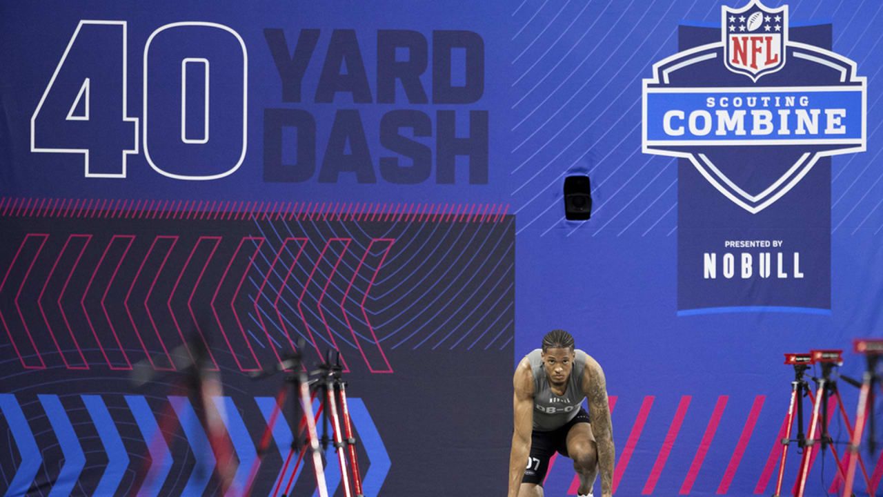 A look at the 40-yard dash station at the NFL Scouting Combine.