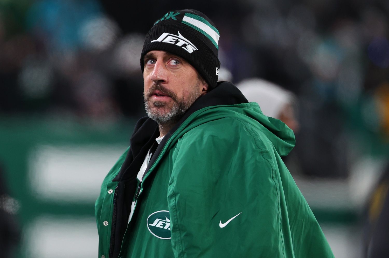 New York Jets quarterback Aaron Rodgers (8) during the third quarter of their game against the Miami Dolphins at MetLife Stadium.