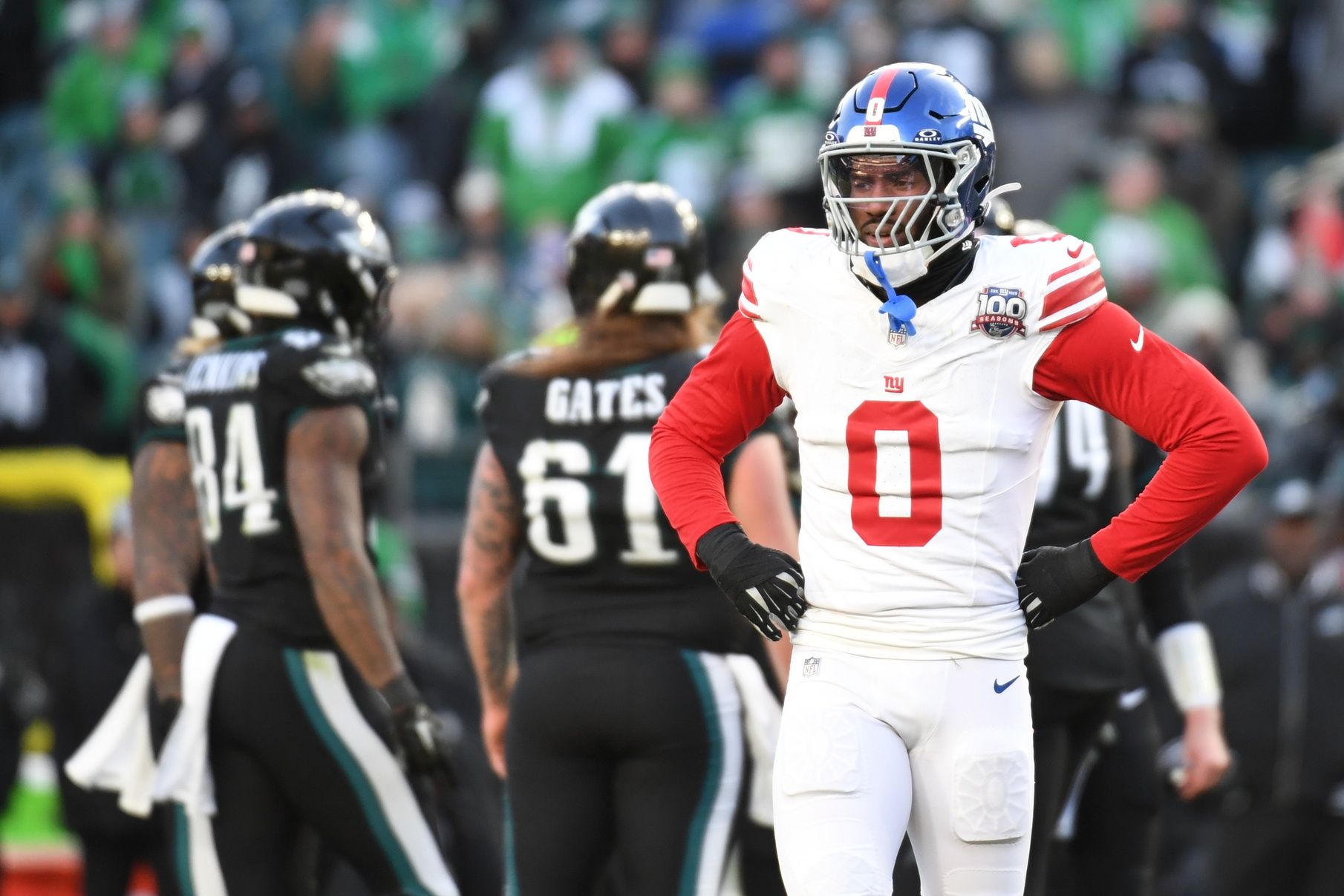 New York Giants linebacker Brian Burns (0) reacts against the Philadelphia Eagles during the fourth quarter at Lincoln Financial Field.