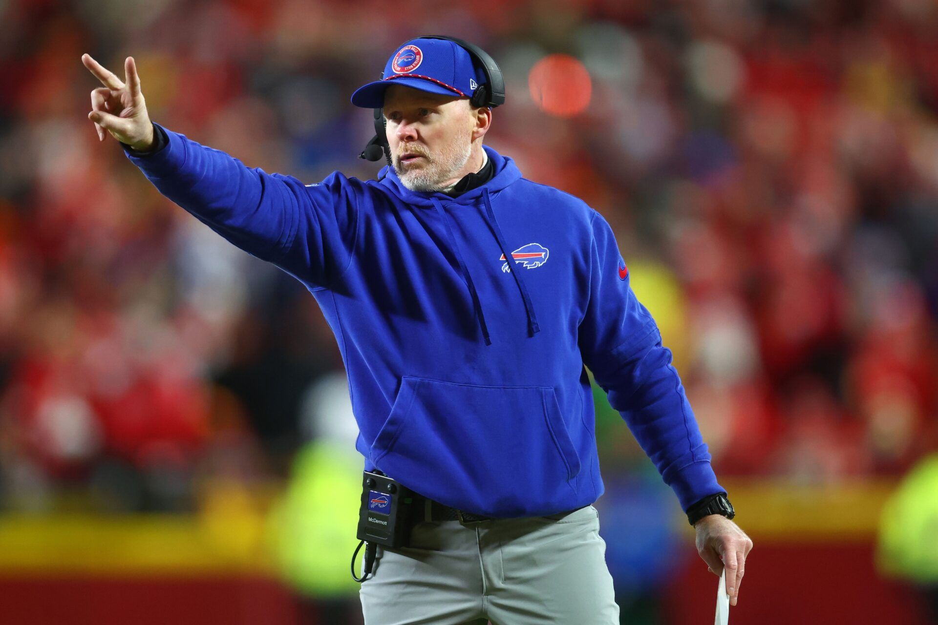 Buffalo Bills head coach Sean McDermott reacts after a play against the Kansas City Chiefs during the second half in the AFC Championship game at GEHA Field at Arrowhead Stadium.