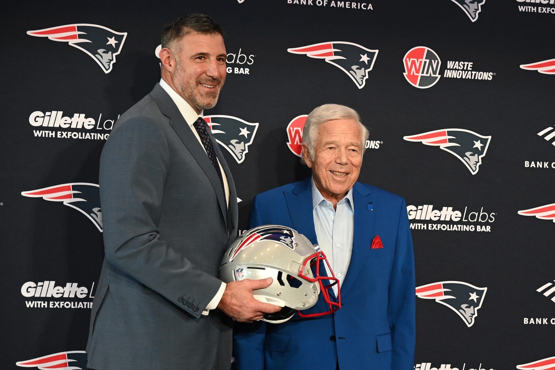 Mike Vrabel (left) poses for a photo with New England Patriots owner Robert Kraft (right) after a press conference at Gillette Stadium to introduce him as the Patriots new head coach.