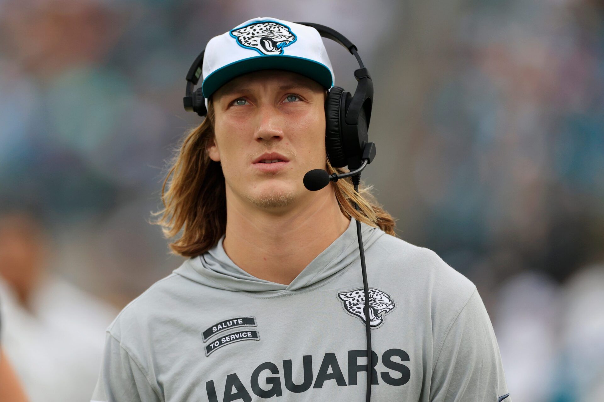 Jacksonville Jaguars quarterback Trevor Lawrence (16) walks on the sideline during the fourth quarter of an NFL football matchup Sunday, Nov. 10, 2024 at Everbank Stadium in Jacksonville, Fla. The Vikings defeated the Jaguars 12-7.