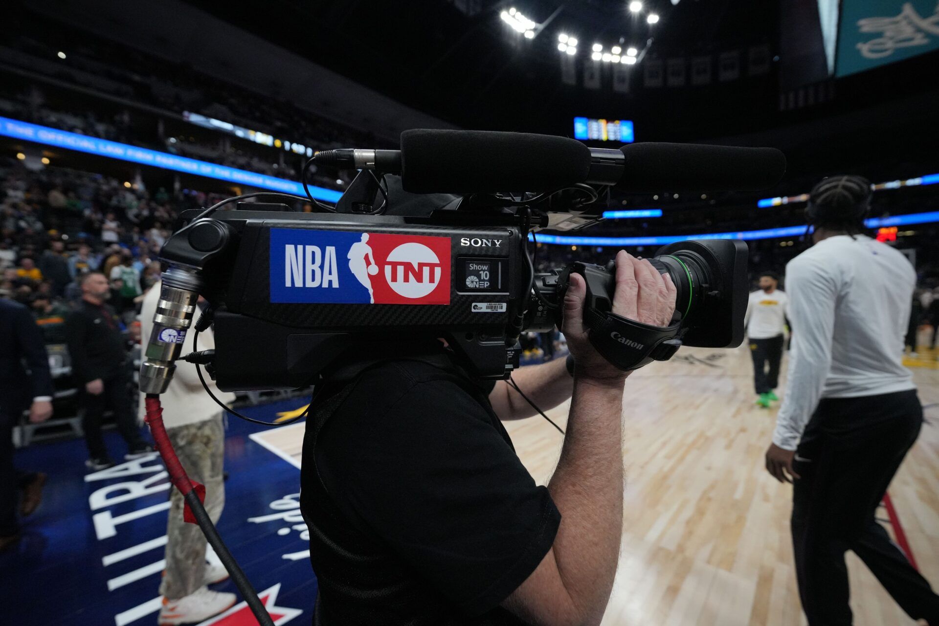 Detailed view of a TNT Sports courtside broadcast camera before the game between the Boston Celtics against the Denver Nuggets at Ball Arena.