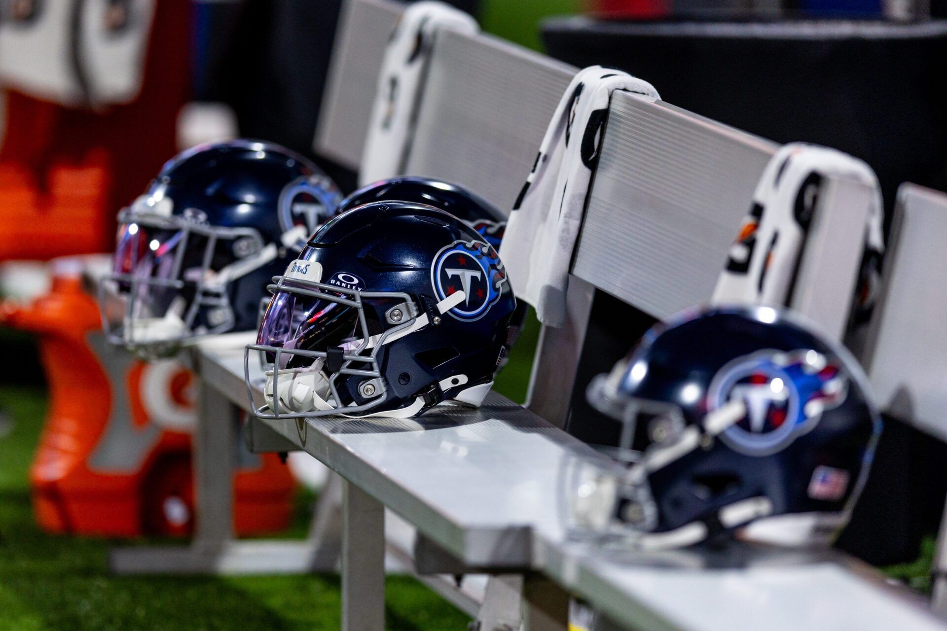 Detailed view of the Tennessee Titans helmet against the New Orleans Saints during the first half at Caesars Superdome.