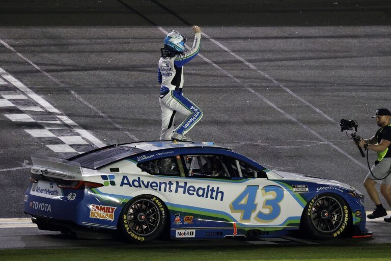 NASCAR Cup Series driver Erik Jones (43) reacts after winning Duel 2 but after video replay the win was awarded to NASCAR Cup Series driver Austin Cindric (not pictured) at Daytona International Speedway.
