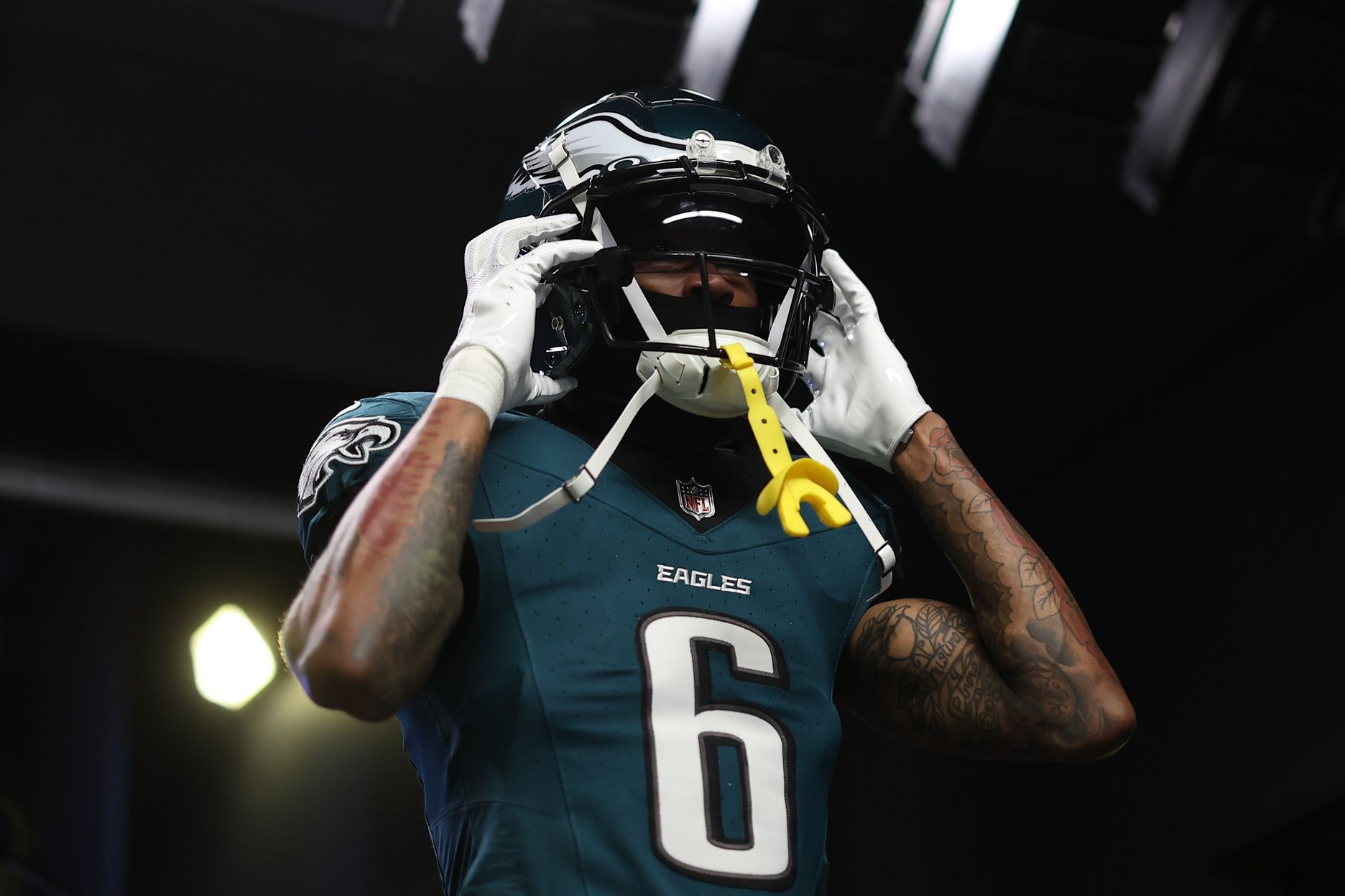 Philadelphia Eagles wide receiver DeVonta Smith (6) takes the field before the NFC wild card game against the Green Bay Packers at Lincoln Financial Field.