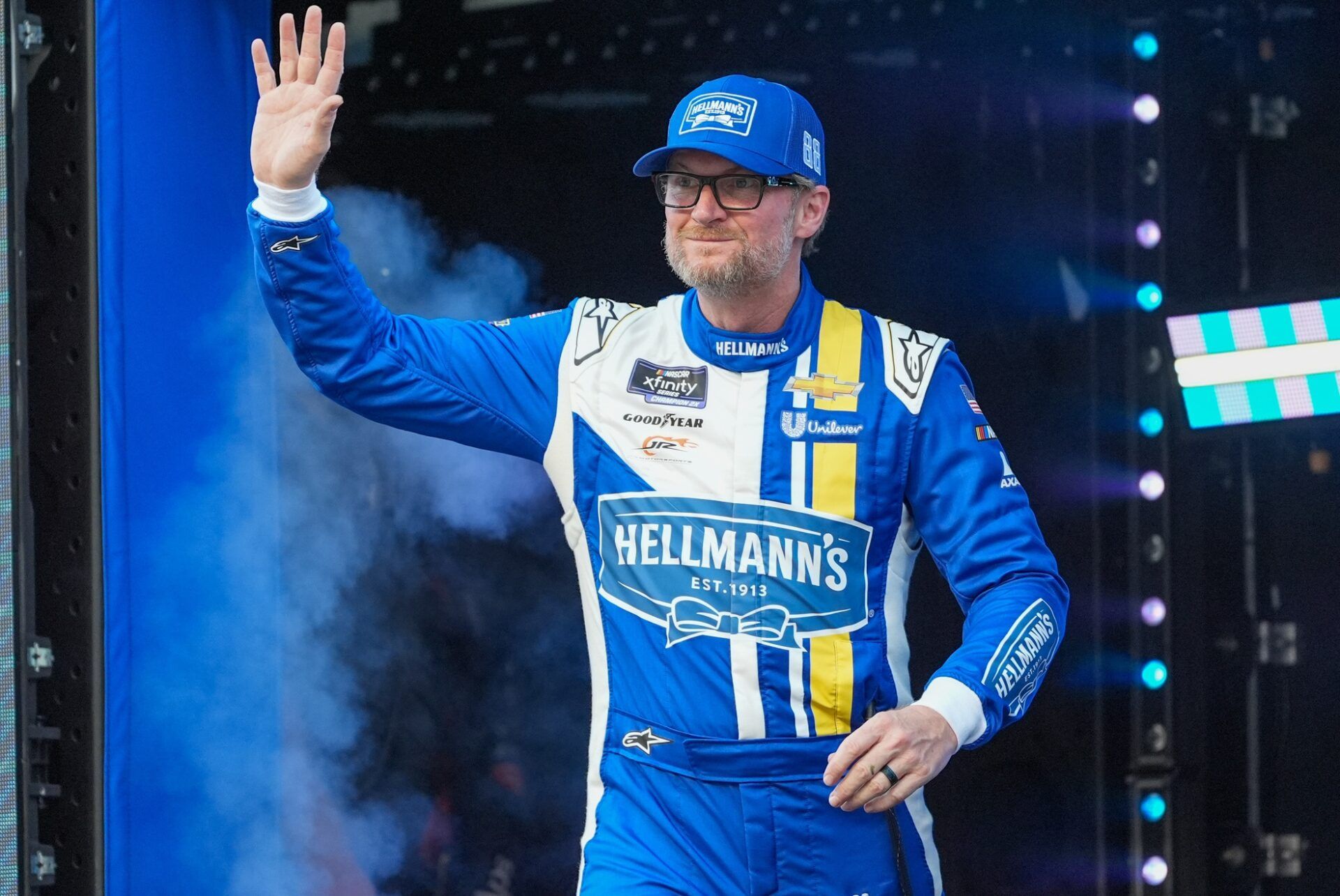 NASCAR Xfinity Series driver Dale Earnhardt Jr. (88) during driver introductions for the Food City 300 at Bristol Motor Speedway.