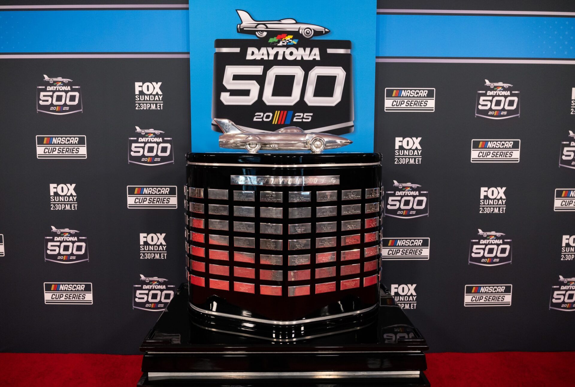 Detailed view of the The Harley J Earl trophy NASCAR Cup Series Daytona 500 media day at Daytona International Speedway.