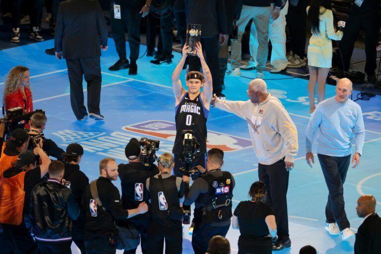 Orlando Magic guard Mac McClung (0) celebrates after winning the AT&T Slam Dunk Contest during NBA All Star Saturday Night at Lucas Oil Stadium.