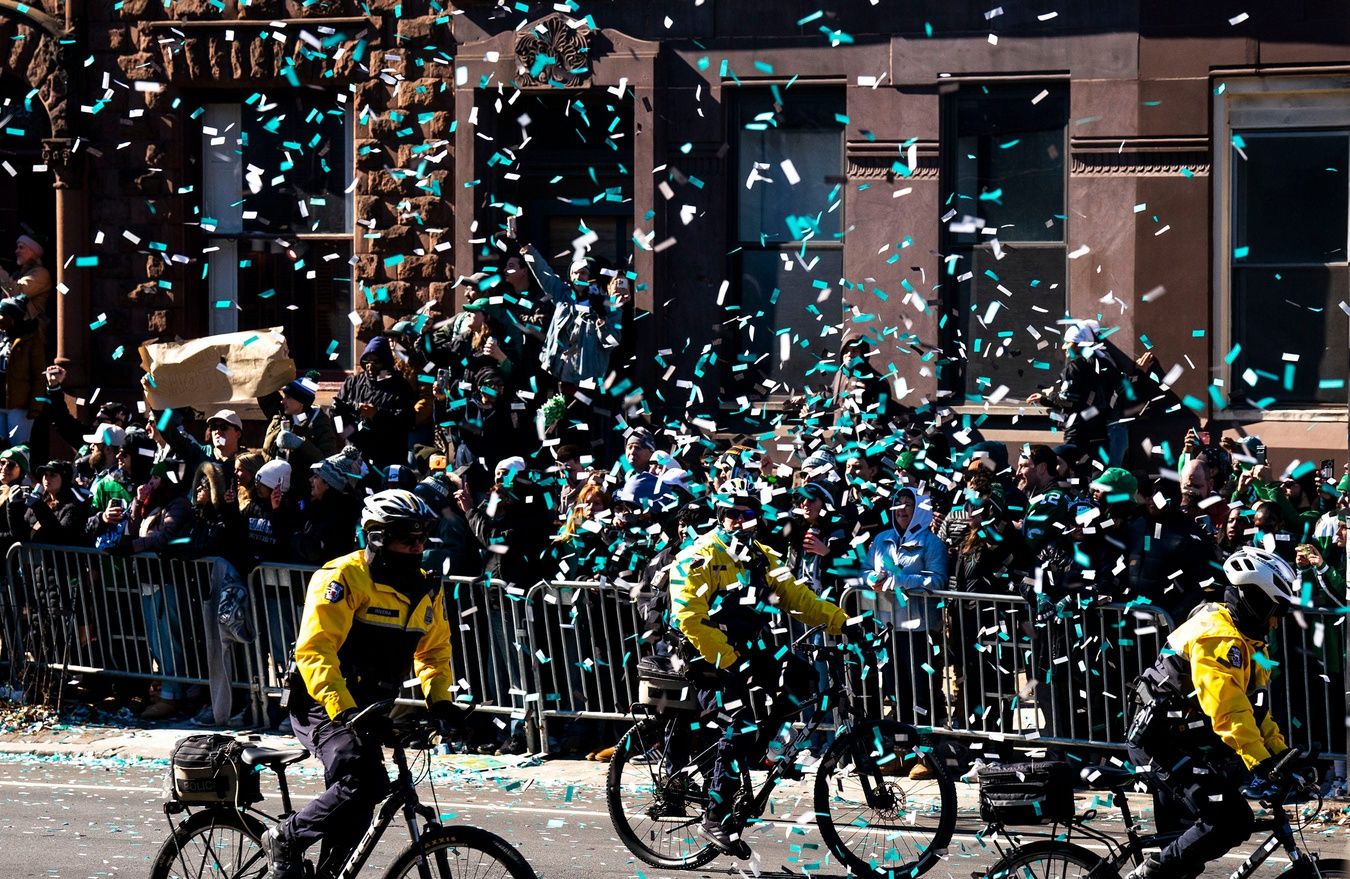 The Philadelphia Eagles Super Bowl 59 victory parade moves along South Broad Street in Philadelphia on Friday, Feb. 14, 2025.