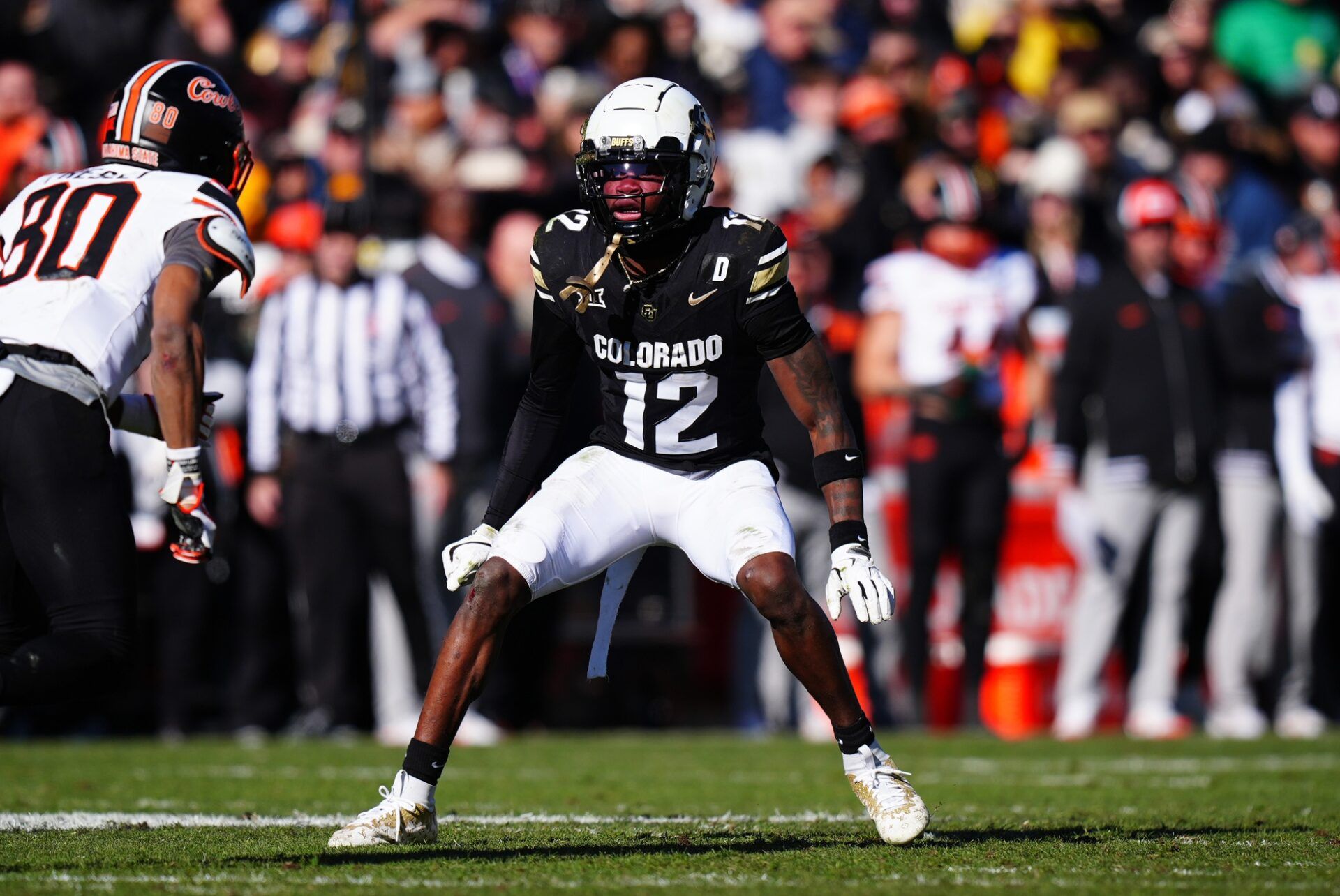 Colorado Buffaloes cornerback Travis Hunter (12) during the second quarter against the Oklahoma State Cowboys at Folsom Field.