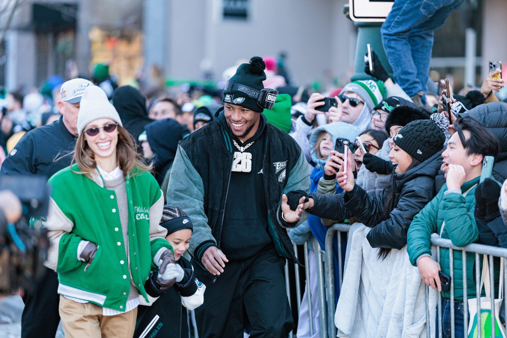 Philadelphia Eagles running back Saquon Barkley (26) celebrates during the Super Bowl LIX championship parade and rally.