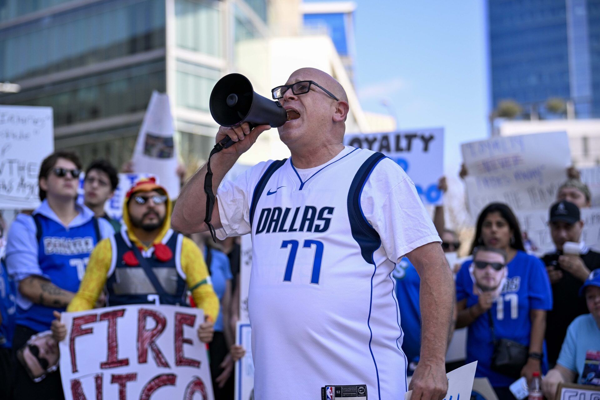 Dallas Mavericks fans gather outside the arena before the game between the Dallas and the Houston Rockets to protest the Nico Harrison trade of former Mavericks point guard Luka Doncic to the Los Angeles Lakers.