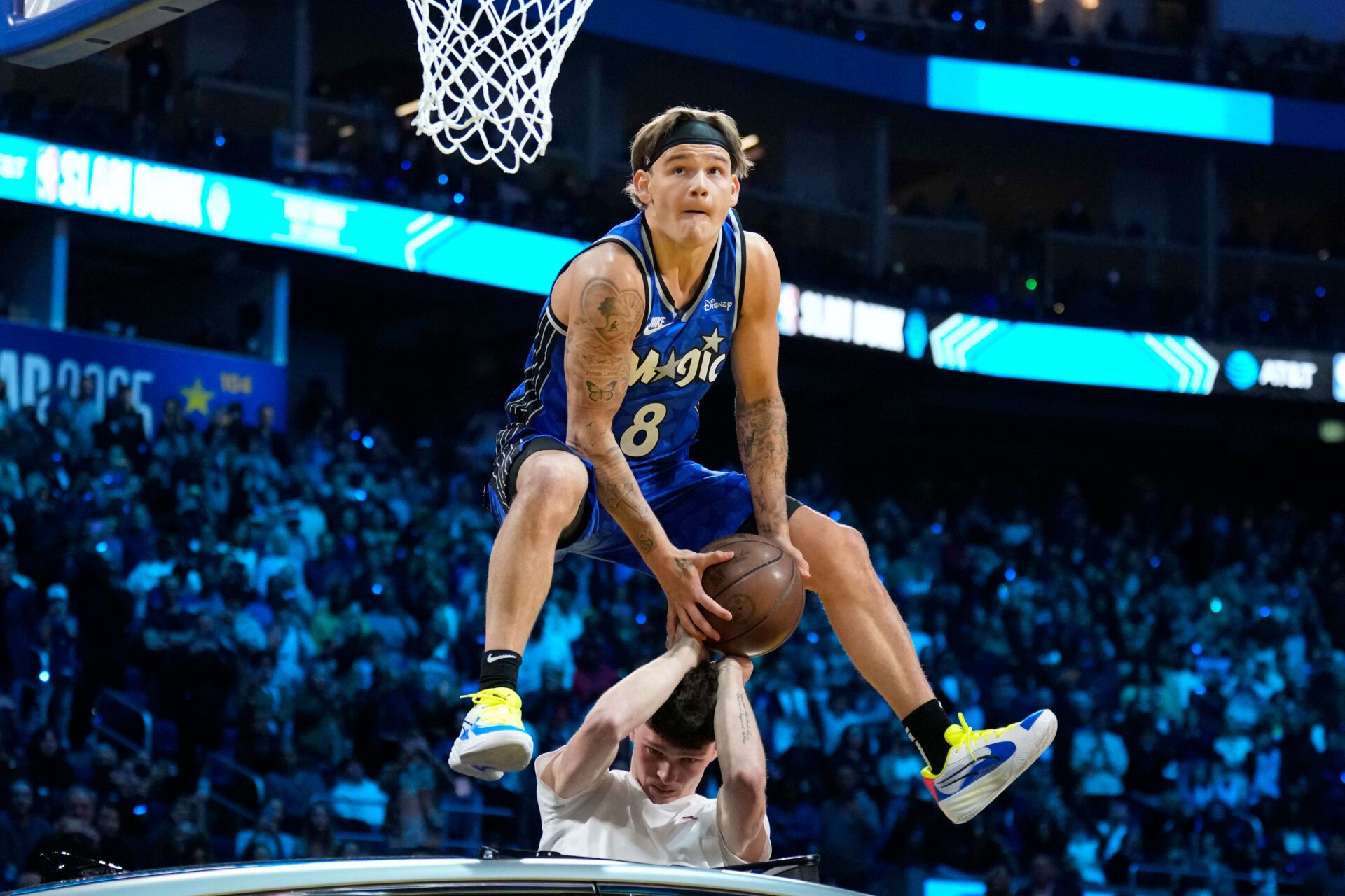 Feb 15, 2025; San Francisco, CA, USA; Osceola Magic guard Mac McClung (0) competes in the slam dunk competition during All Star Saturday Night ahead of the 2025 NBA All Star Game at Chase Center. Mandatory Credit: Kyle Terada-Imagn Images