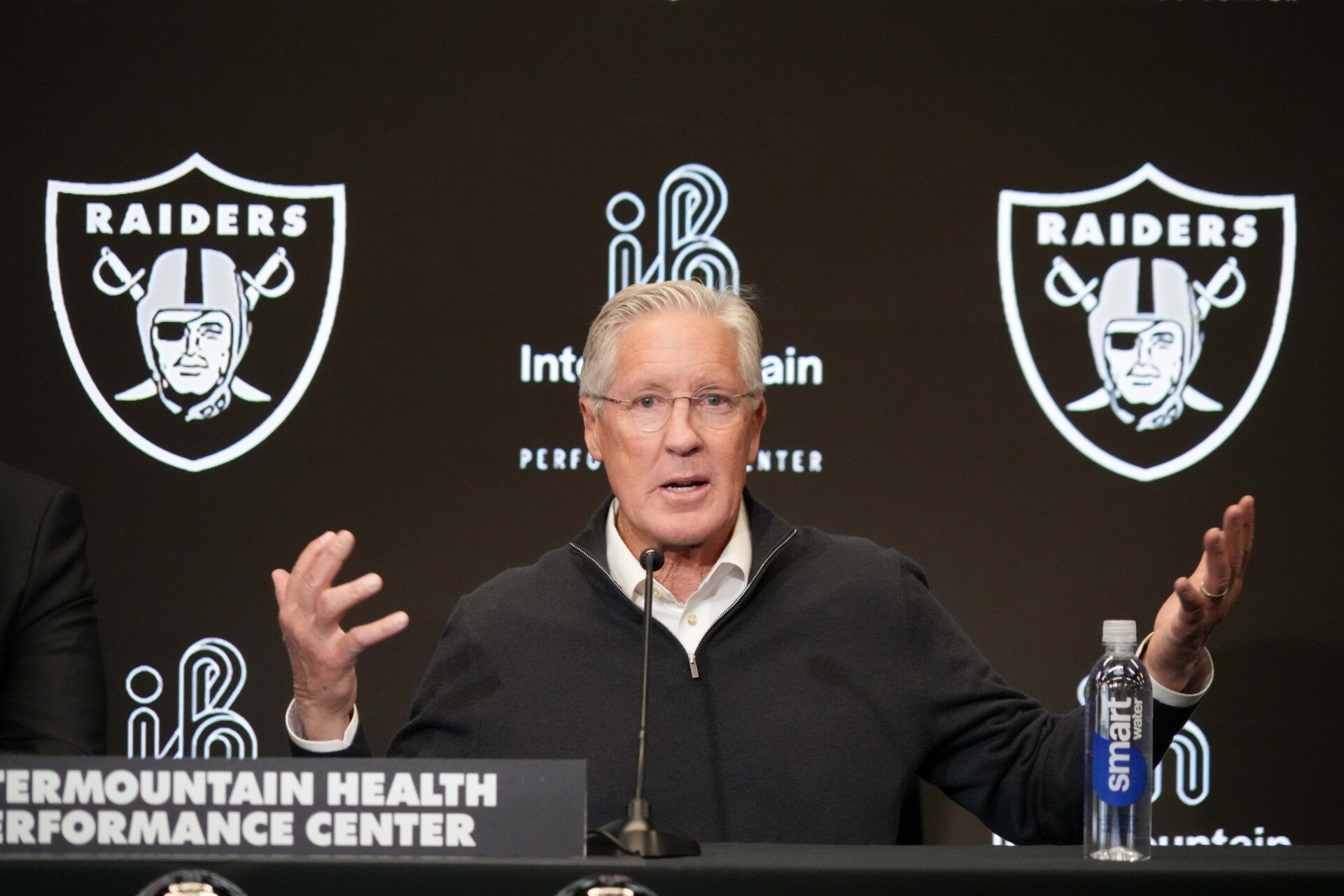 Las Vegas Raiders coach Pete Carroll at press conference at Intermountain Health Performance Center.