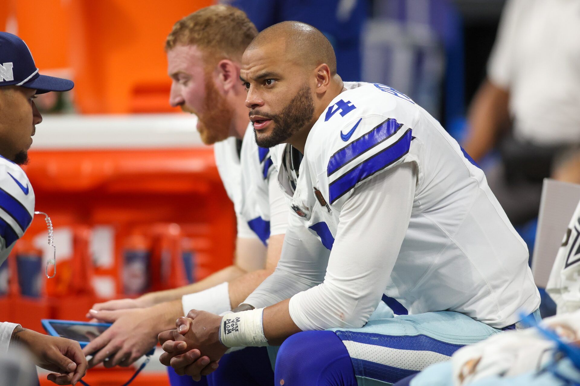 Dallas Cowboys quarterback Dak Prescott (4) on the bench against the Atlanta Falcons in the fourth quarter at Mercedes-Benz Stadium.