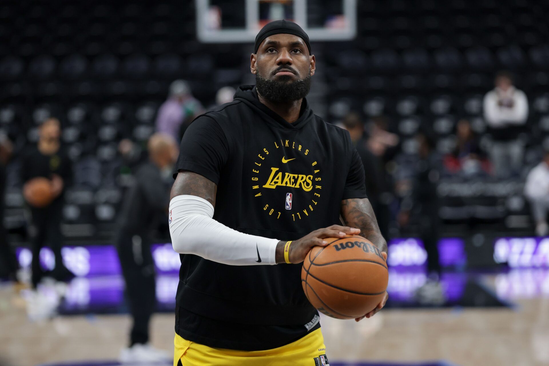 Los Angeles Lakers forward LeBron James (23) warms up before a game against the Utah Jazz at Delta Center.