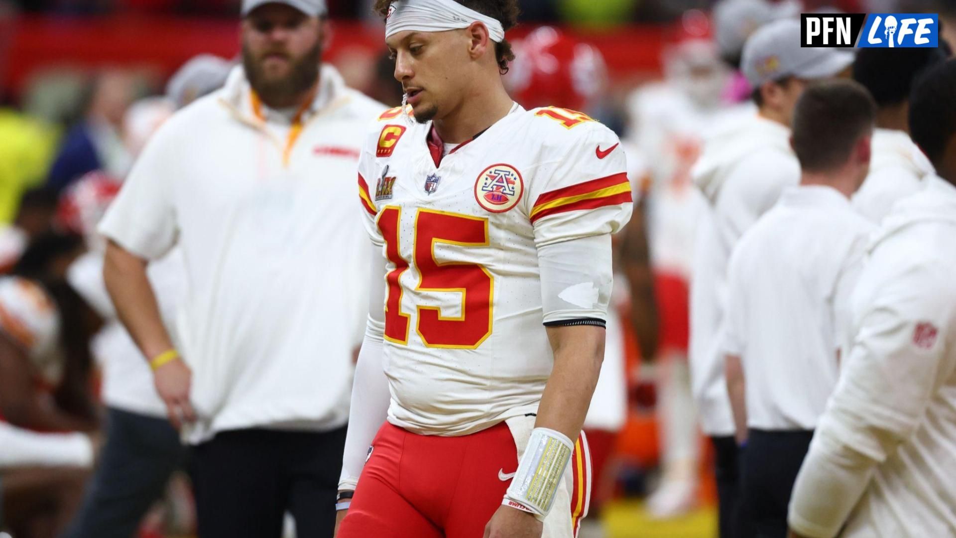 Kansas City Chiefs quarterback Patrick Mahomes (15) reacts in the fourth quarter against the Philadelphia Eagles in Super Bowl LIX at Ceasars Superdome.