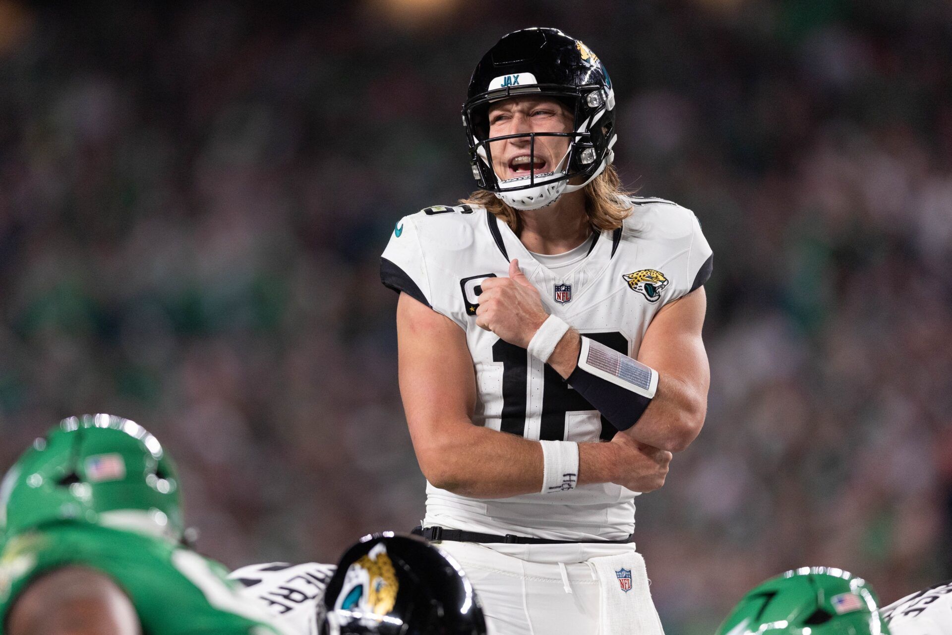 Jacksonville Jaguars quarterback Trevor Lawrence (16) calls a play during the third quarter against the Philadelphia Eagles at Lincoln Financial Field.