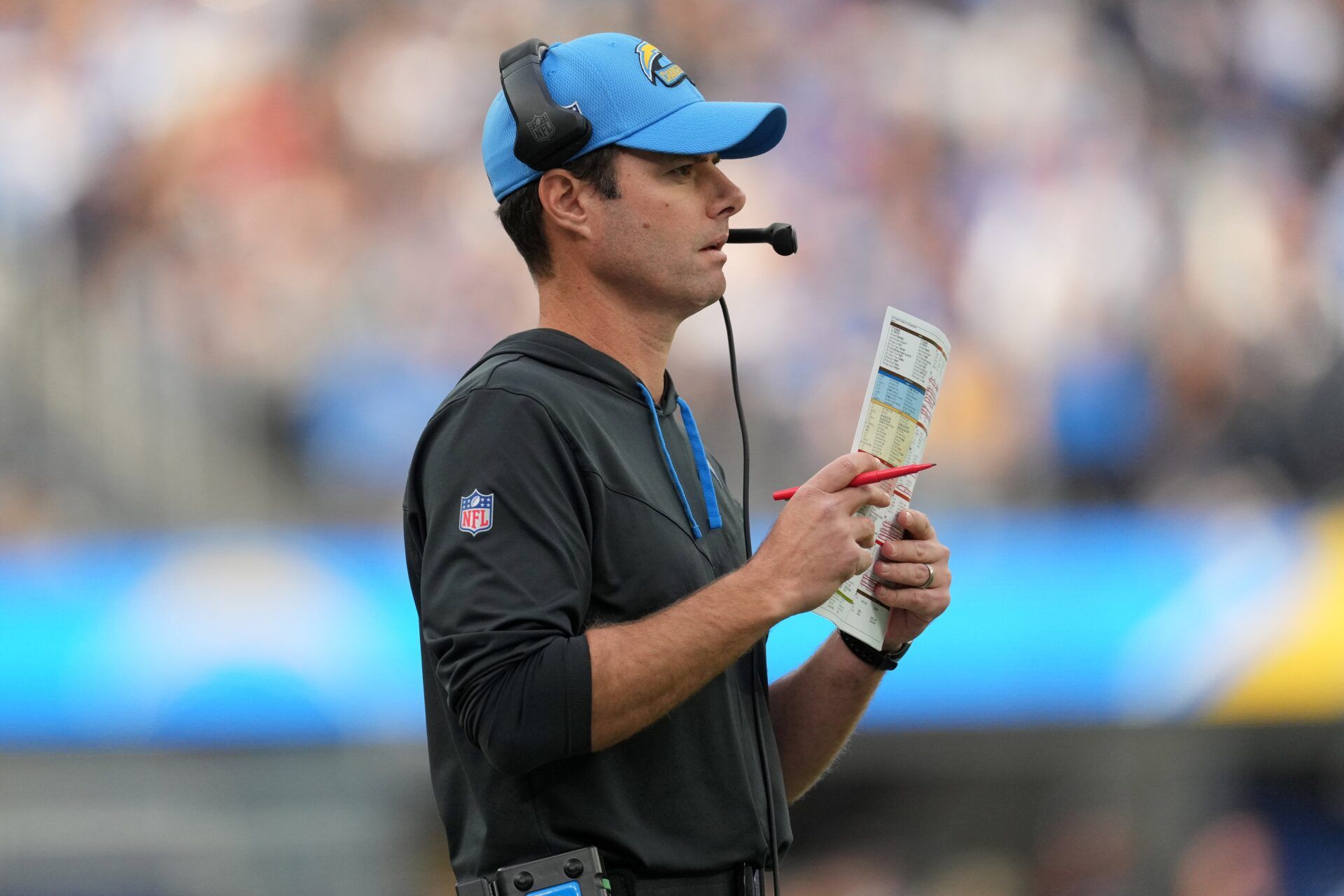 Los Angeles Chargers head coach Brandon Staley watches from the sidelines in the first half against the Los Angeles Rams at SoFi Stadium.