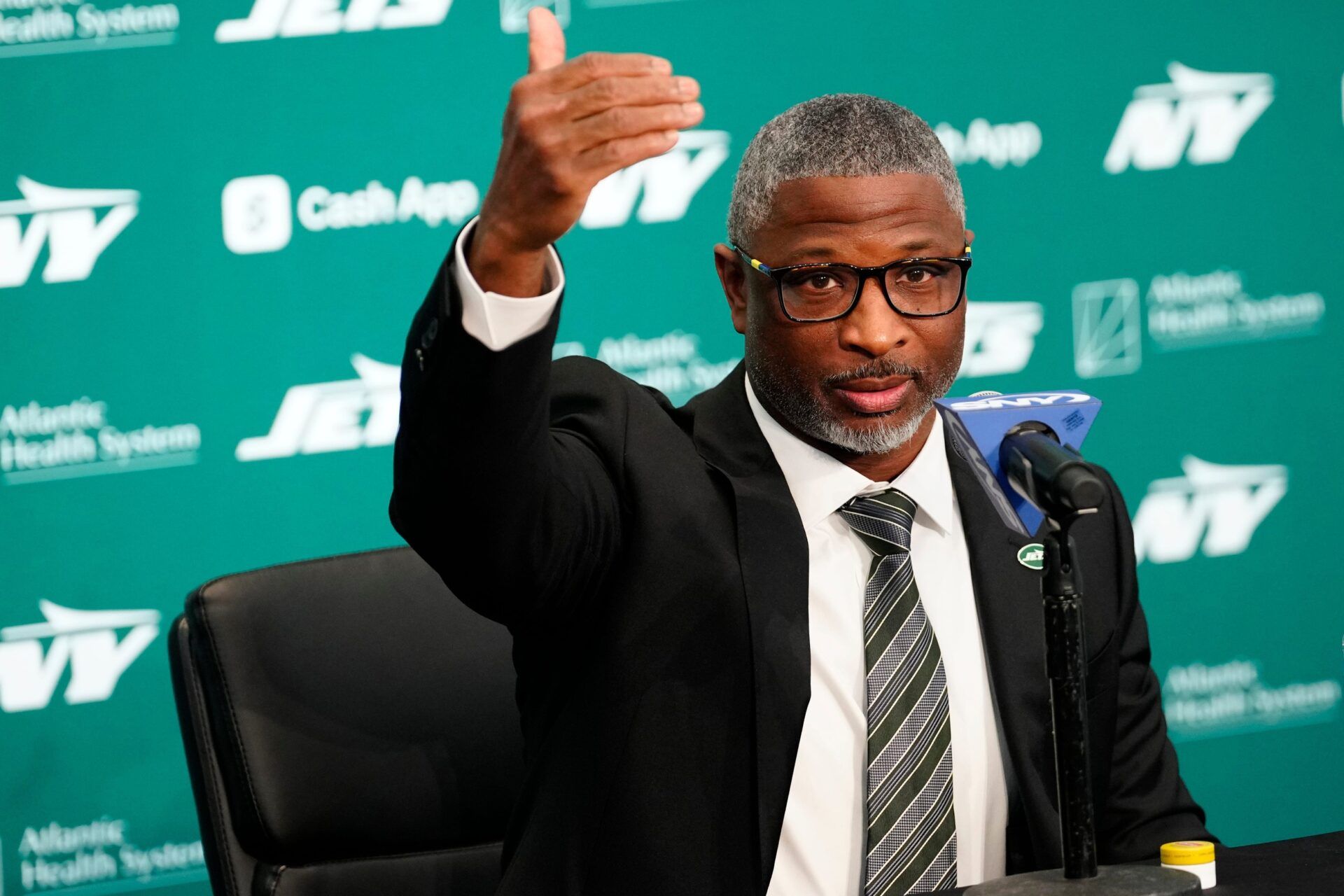 New York Jets Head Coach Aaron Glenn, is shown as he speaks during a press conference, at the Atlantic Health Jets Training Center, Monday, January 27, 2025, in Florham Park. Glenn spoke about not just getting the Jets to a winning record but to sustain them as a championship caliber team.