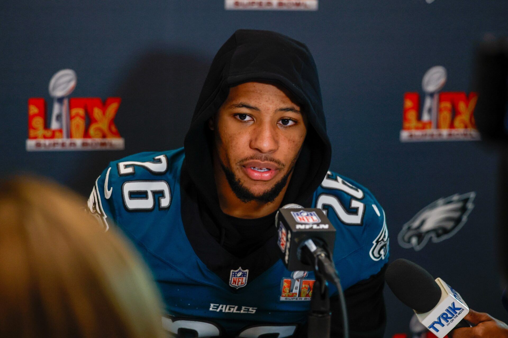 Philadelphia Eagles running back Saquon Barkley (26) during a press conference in advance of Super Bowl LIX at New Orleans Marriott.